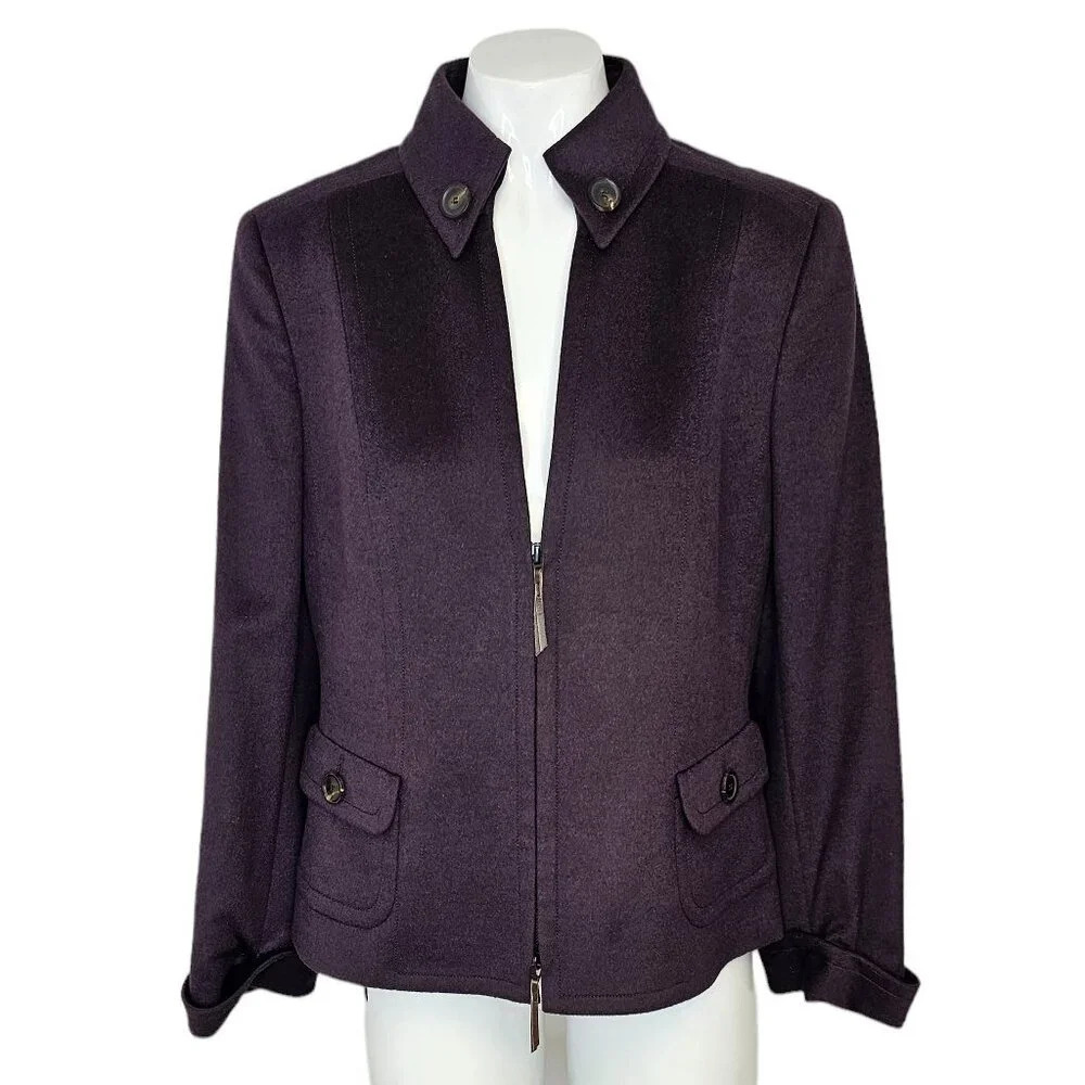 Akris Punto Womens Blazer Size 10 Wool Angora Flap Pockets Zip Up Pointed Collar